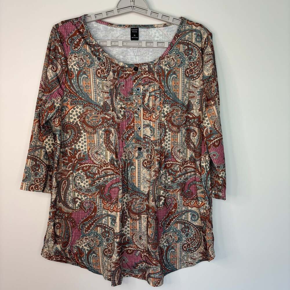 Emery Rose NEW pleated paisley tunic womens XL 3/4 sleeve brown round neck